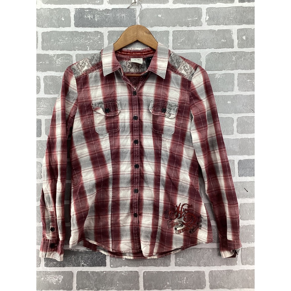 Harley Davidson Womens Red Plaid Embroidered Button Down Shirt Medium Biker Top